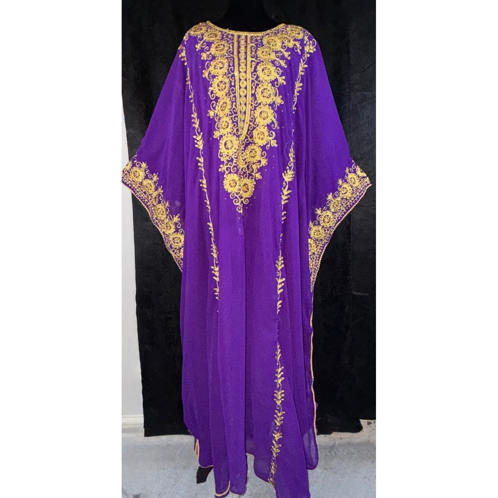 Purple Moroccan Kaftan Dress Gold Embroidery Sequin Embellished Formal Gown